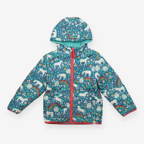 Reversible Coat Blue Unicorns and Flowers
