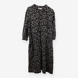 Black Leaf Print Cord Midi Dress Tie Waist Lined