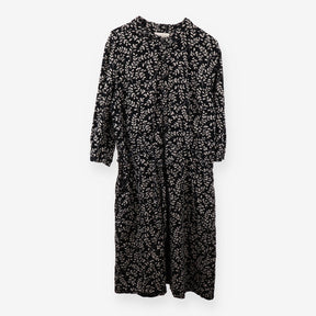 Black Leaf Print Cord Midi Dress Tie Waist Lined