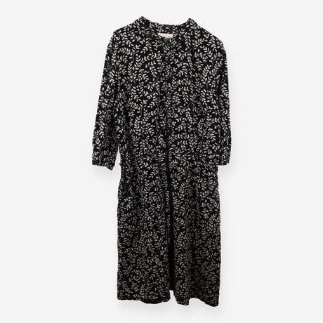 Black Leaf Print Cord Midi Dress Tie Waist Lined
