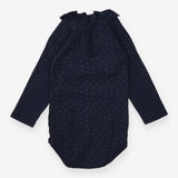 Bodysuit navy long sleeve hearts ruffle neck