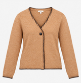 Cardigan Camel Tan V Neck Blanket Stitch Edge Soft