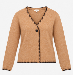 Cardigan Camel Tan V Neck Blanket Stitch Edge Soft