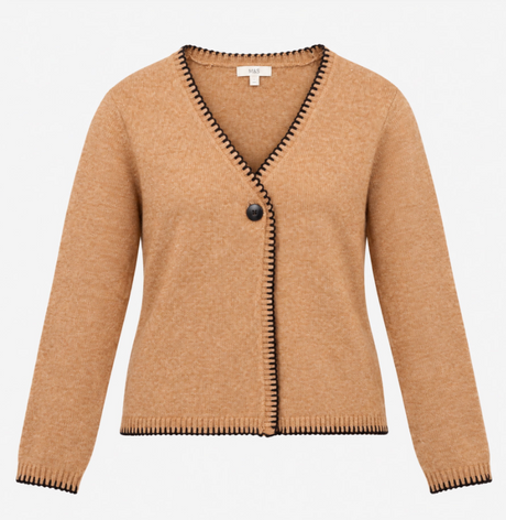 Cardigan Camel Tan V Neck Blanket Stitch Edge Soft