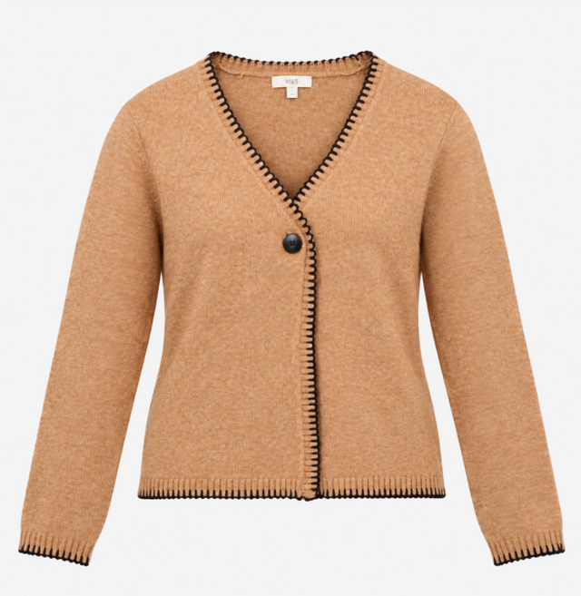Cardigan Camel Tan V Neck Blanket Stitch Edge Soft