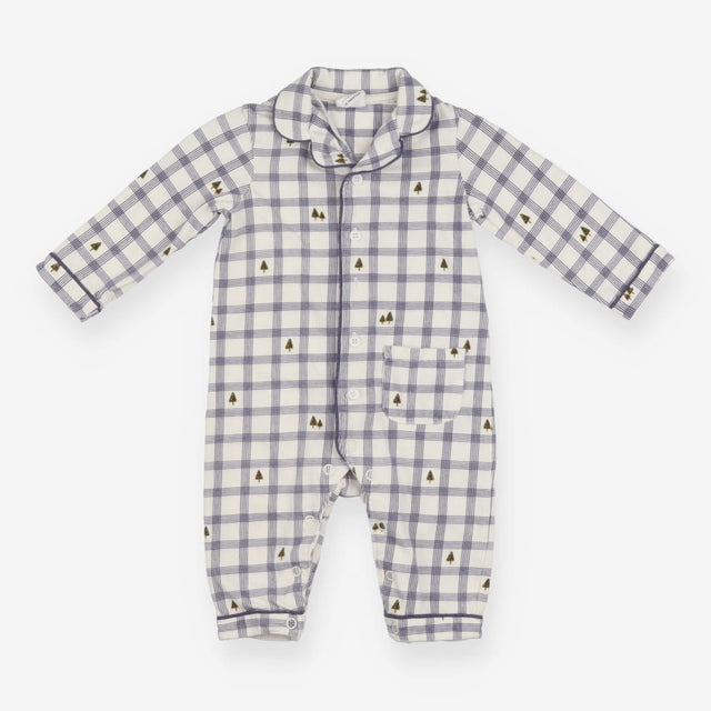 Sleepsuit white blue check trees collar