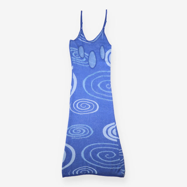 Knit Slip Dress Blue Swirl Cutout Maxi