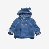 Blue Knit Hooded Cardigan with Striped Lining