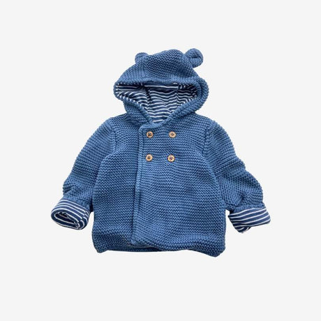 Blue Knit Hooded Cardigan with Striped Lining