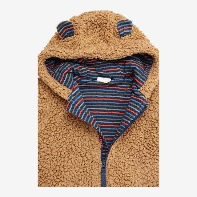 Pramsuit Brown with Ears & Navy Striped Lining