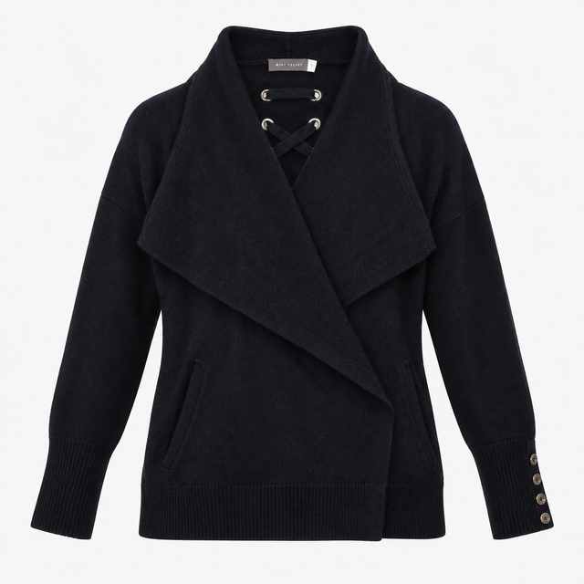 Cardigan Navy Blue Lace Up Detail Long Sleeve Knit