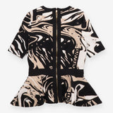 Top Black Cream Beige Marble Print Peplum