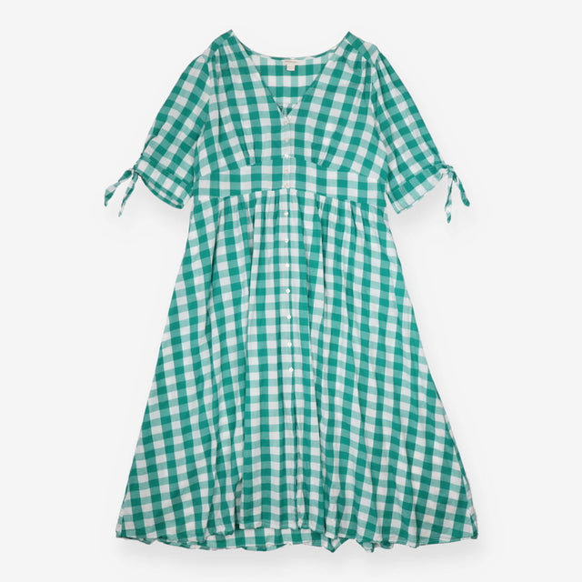 Midi Dress Gingham Green White 100% Cotton