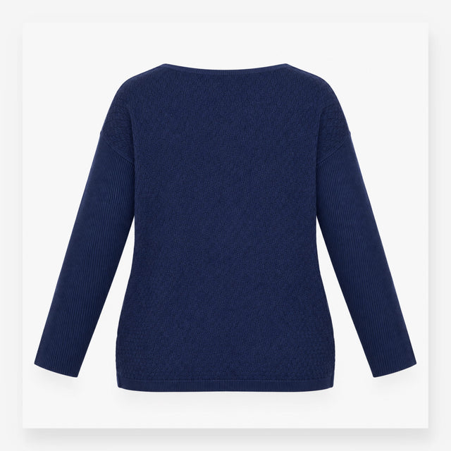 Top Blue Textured Knit Long Sleeve Relaxed Jumper