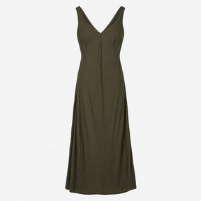 Dress V-Neck Sleeveless Midi Slip Khaki Green