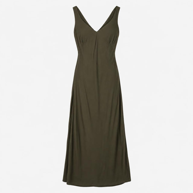 Dress V-Neck Sleeveless Midi Slip Khaki Green