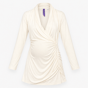 Cream Draped Long Sleeve Maternity Dress
