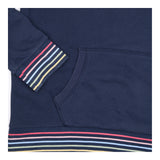 Hoodie Navy Blue Striped Trim Pocket Drawstring Lo