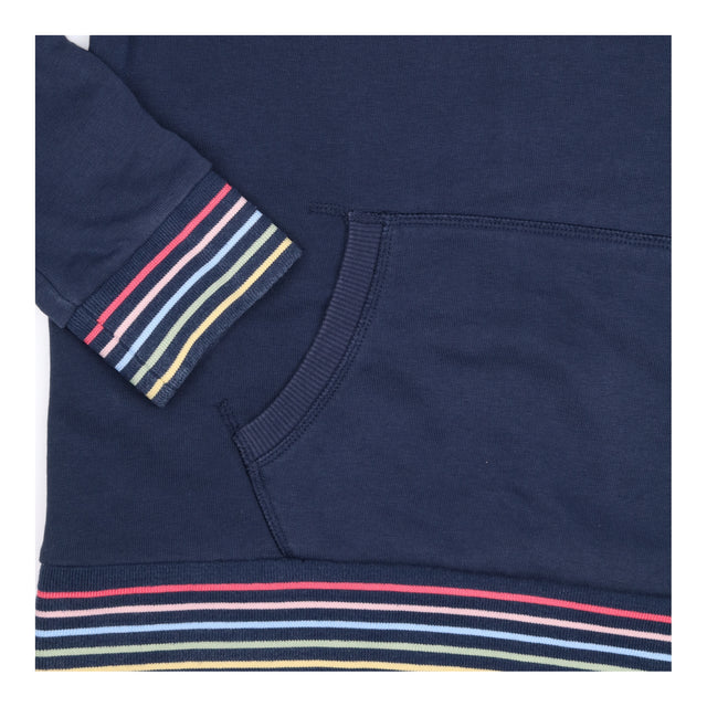 Hoodie Navy Blue Striped Trim Pocket Drawstring Lo