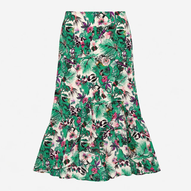 Skirt Green White Tropical Botanical Floral Ruffle