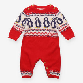 Festive Knitted Romper Red with Penguins