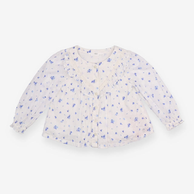 White Blouse with Blue Flowers and Lace Detail