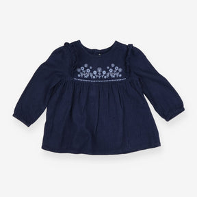 Dress Long Sleeved Navy Gingham Flower Applique