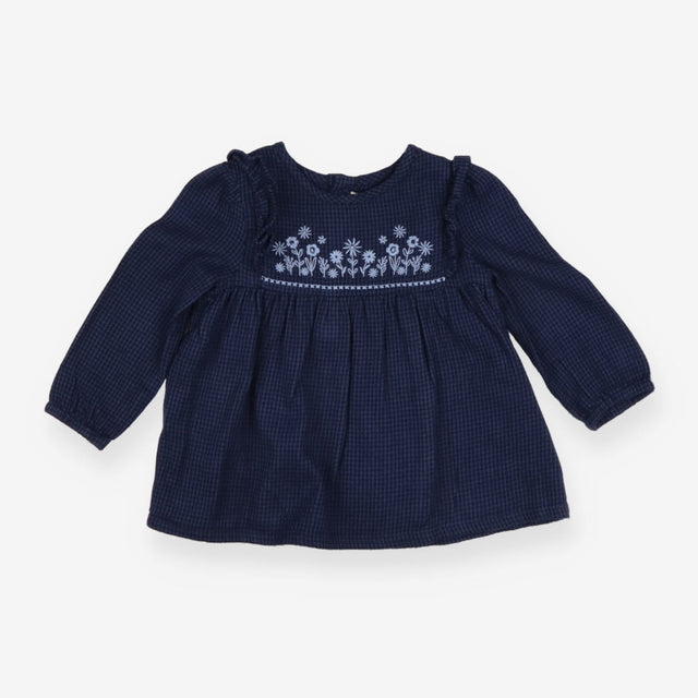 Dress Long Sleeved Navy Gingham Flower Applique