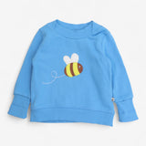 Sweater blue bee applique with flower elbows