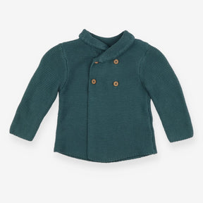 Green collared cardigan with wooden button