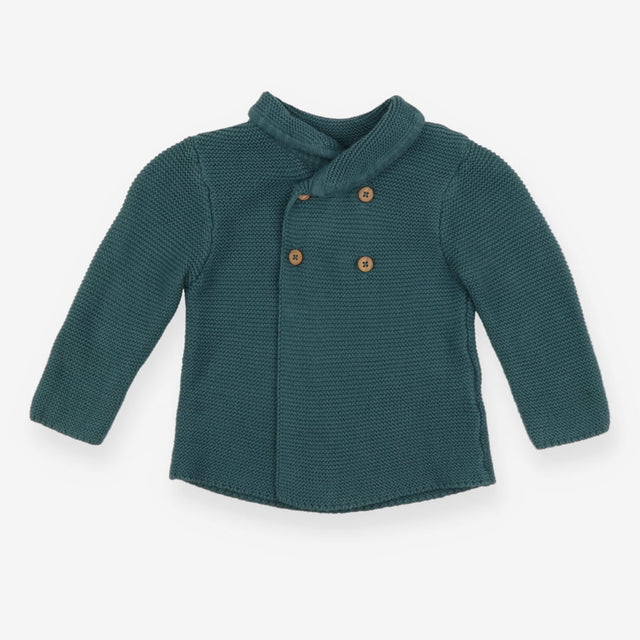 Green collared cardigan with wooden button