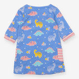 Blue Dinosaur Dress Pink Striped Pockets
