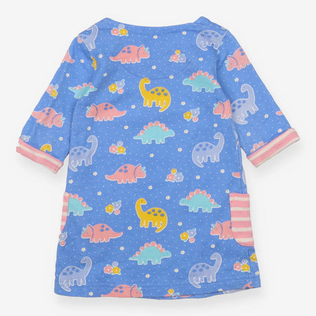 Blue Dinosaur Dress Pink Striped Pockets