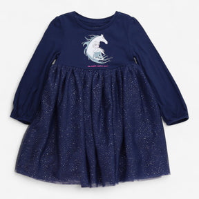 Dress Jersey Navy Frozen Print with Sparkly Tulle 
