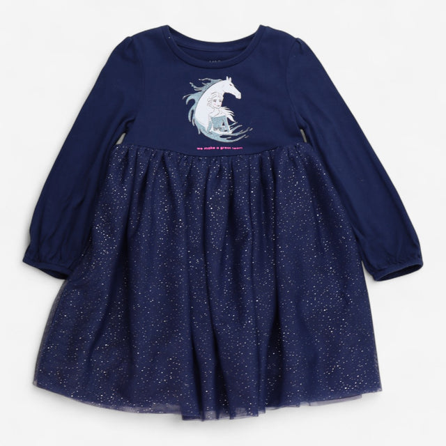 Dress Jersey Navy Frozen Print with Sparkly Tulle 