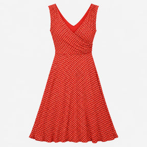 Red Polka Dot Sleeveless Jersey Wrap Style Dress