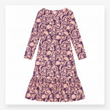 Dress Midi Long Sleeve Cotton Paisley Floral Navy 