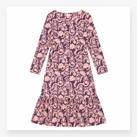 Dress Midi Long Sleeve Cotton Paisley Floral Navy 