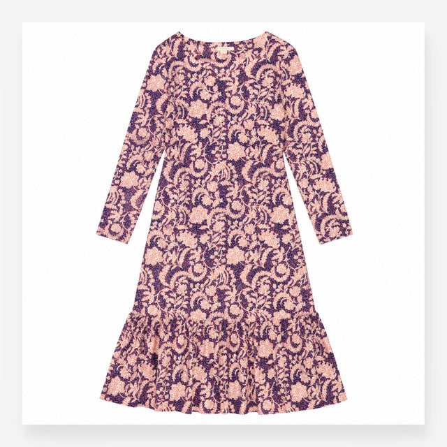 Dress Midi Long Sleeve Cotton Paisley Floral Navy 