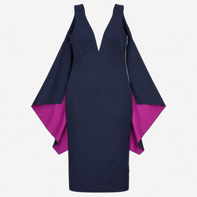 Navy V Neck Cape Overlay Occasion Dress