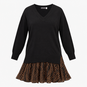 Dress Black Tan Spot Print Knit Top Flared Skirt