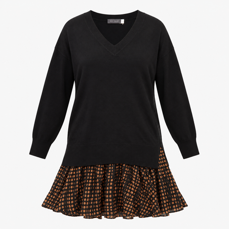 Dress Black Tan Spot Print Knit Top Flared Skirt