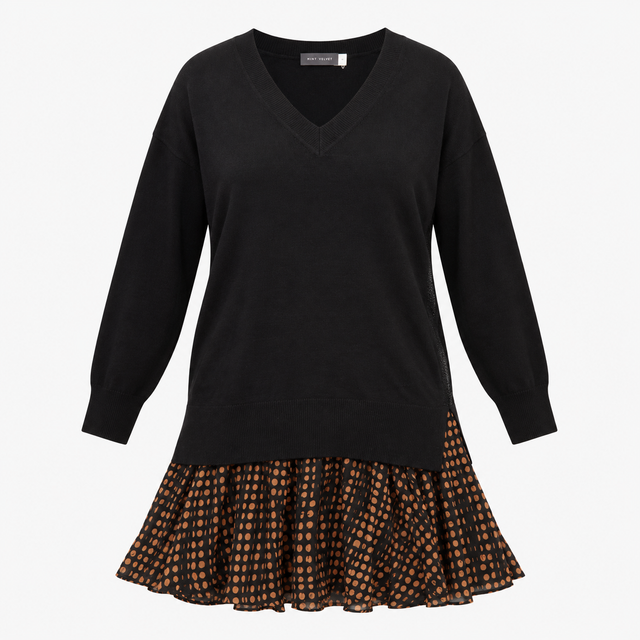 Dress Black Tan Spot Print Knit Top Flared Skirt