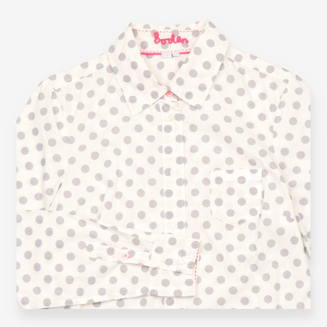 Cotton Shirt Ivory Grey Polka Dot Long Sleeve