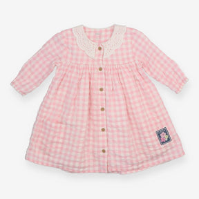 Pink Seersucker Gingham Dress Lace Trim Collar