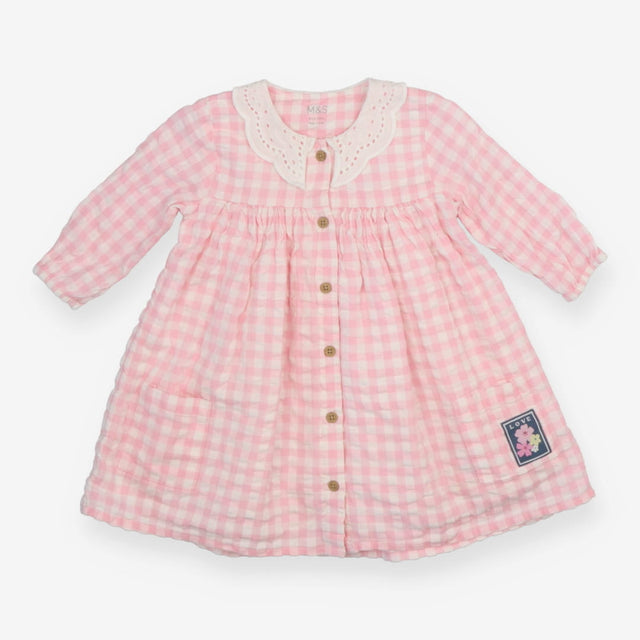 Pink Seersucker Gingham Dress Lace Trim Collar