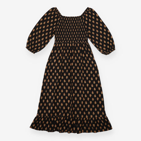 Maxi Dress Black Leaf Print Shirred Bodice