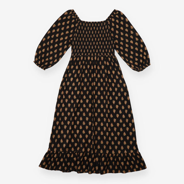 Maxi Dress Black Leaf Print Shirred Bodice