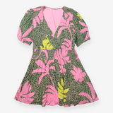 Pink Green Printed V-Neck Dress Lurex Detail