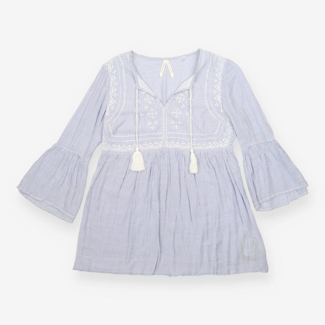 Tunic Top Maternity Striped Embroidered Tassel Blu